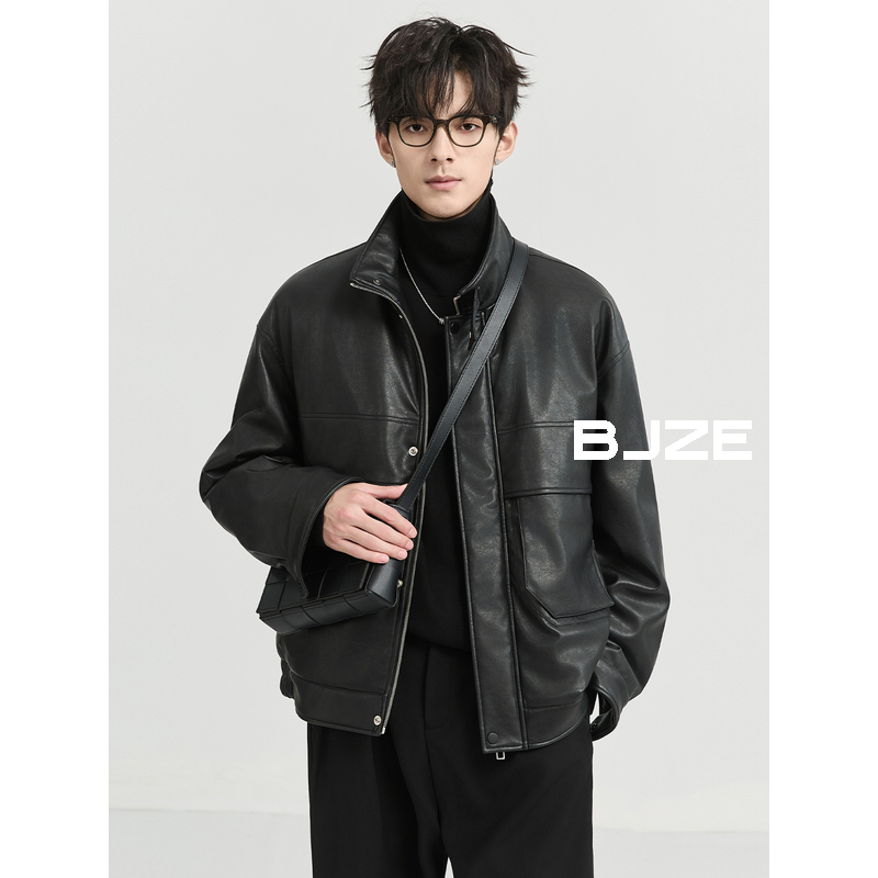 BJZE男装24冬季新品高级感PU皮翻领夹克羽绒服男短款鸭绒保暖外套