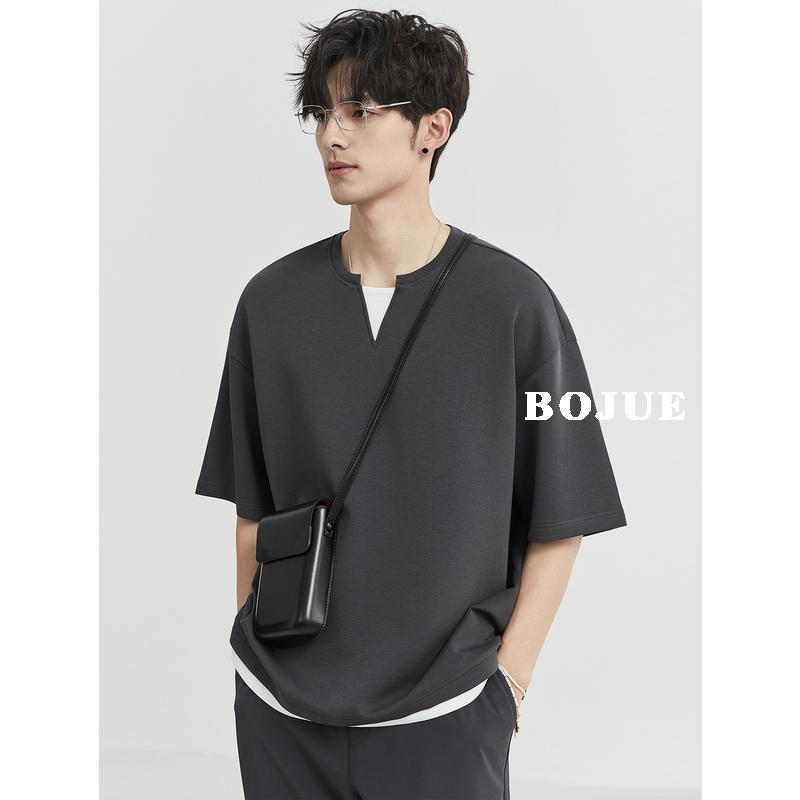 BJZE男装24夏新款 高级感假两件T恤衫男短袖韩版打底舒适圆领体恤
