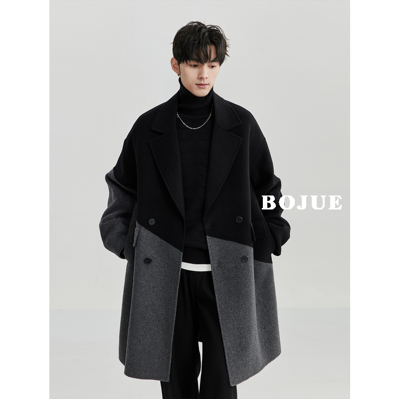 拼接设计感全羊毛双面呢大衣男中长款23秋冬新款韩版休闲呢子风衣