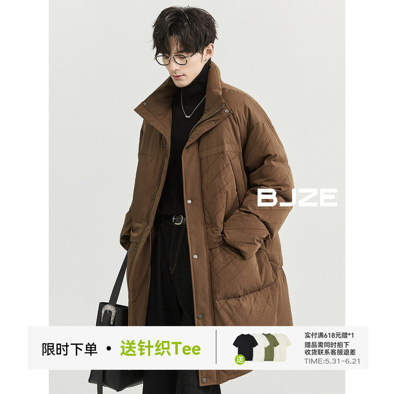 BJZE男装24冬季新品定织字母印花羽绒服男中长款宽松加厚鸭绒外套