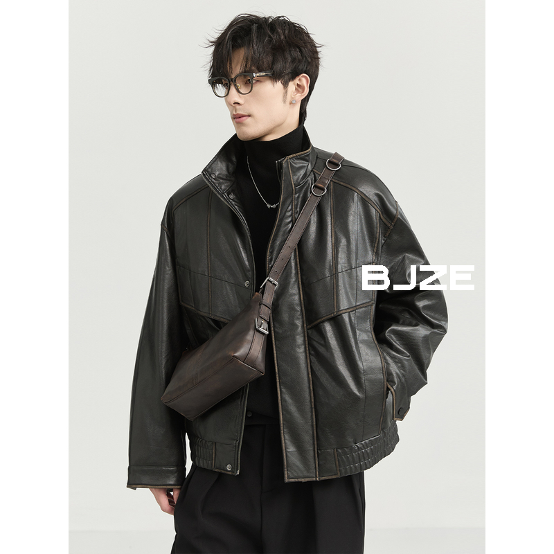 BJZE男装24冬季设计感PU皮夹克羽绒服男短款高端机车韩版加厚外套