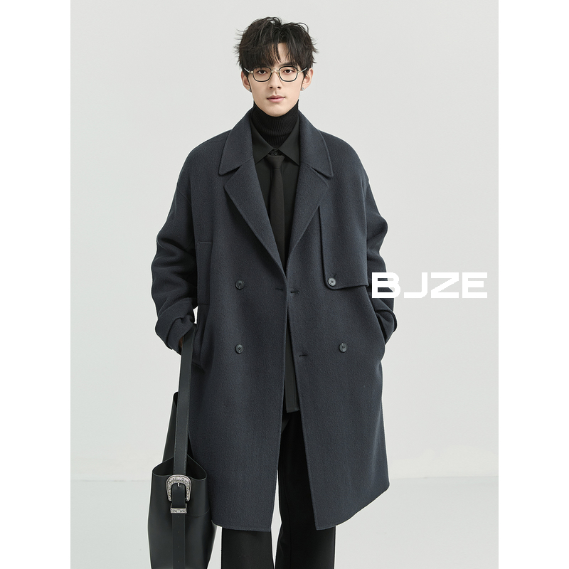 BJZE男装24冬季 设计感定织100全羊毛双面呢大衣男中长款宽松外套
