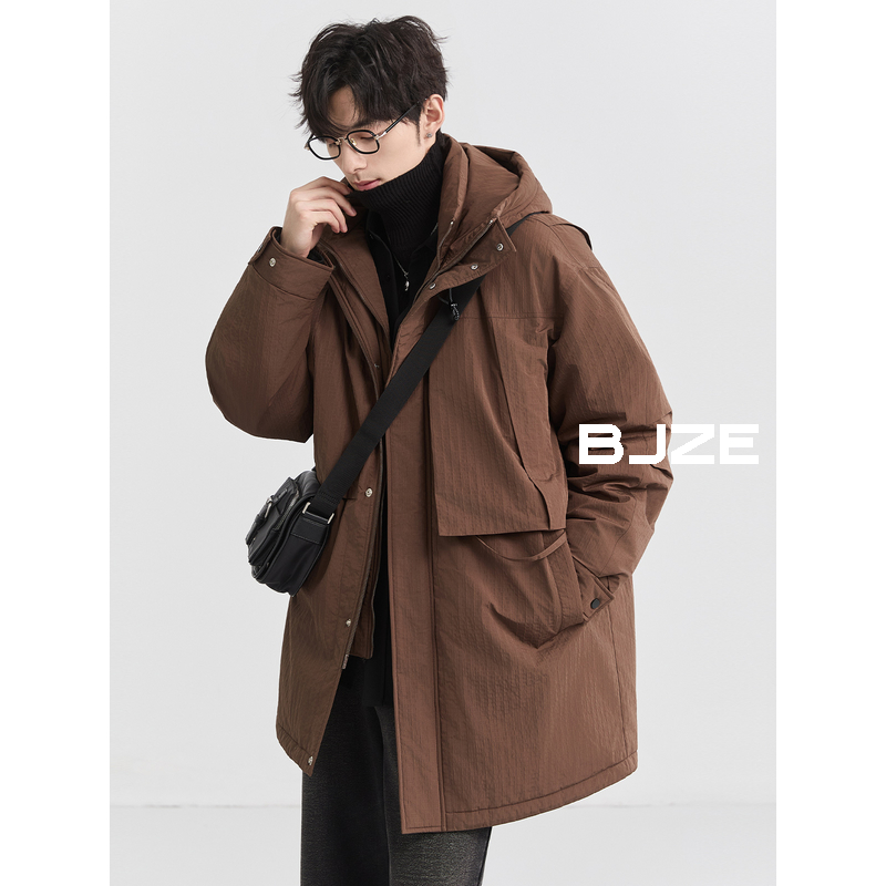 BJZE男装24冬季肌理感连帽羽绒服中长款韩版潮流鸭绒加厚风衣外套