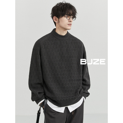BJZE男装初冬高级感纯色提花半高领毛衣宽松套头含羊毛针织打底衫