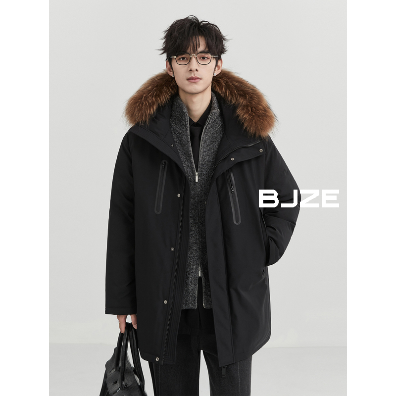 BJZE男装24冬季新品大毛领连帽羽绒服男短款宽松加厚鸭绒保暖外套