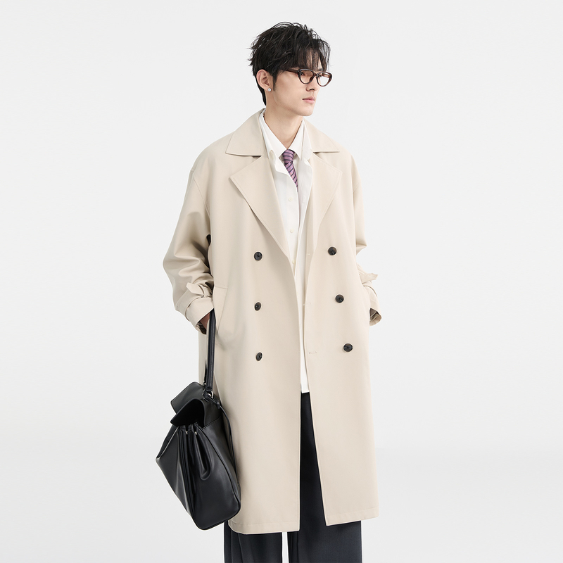 【25春季新款】BJZE男装英伦经典风双排扣风衣中长款韩版宽松外套