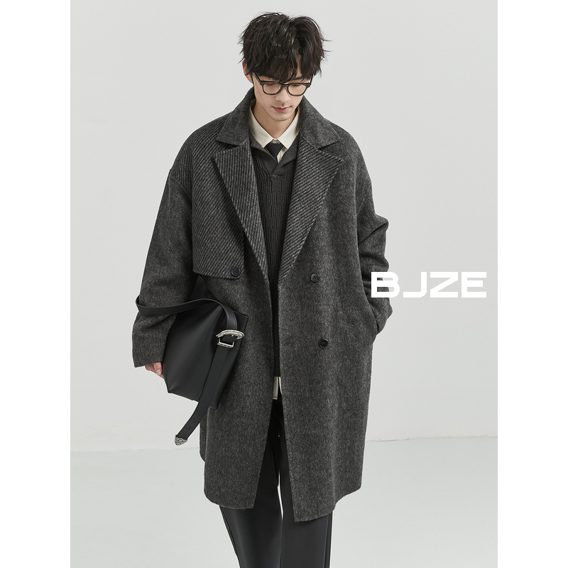 BJZE男装24冬季高端定织斜纹拼接骆驼绒双面羊毛呢子大衣宽松外套