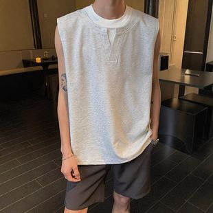 t恤 重磅无袖 花灰色假两件v领背心男夏季 高级感痞帅小领口坎肩美式