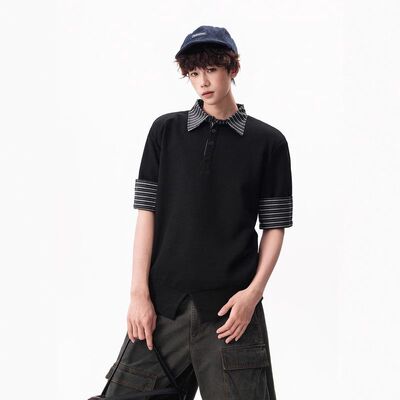 高级感假两件格纹polo短袖男女夏季复古设计感重磅宽松拼接体恤