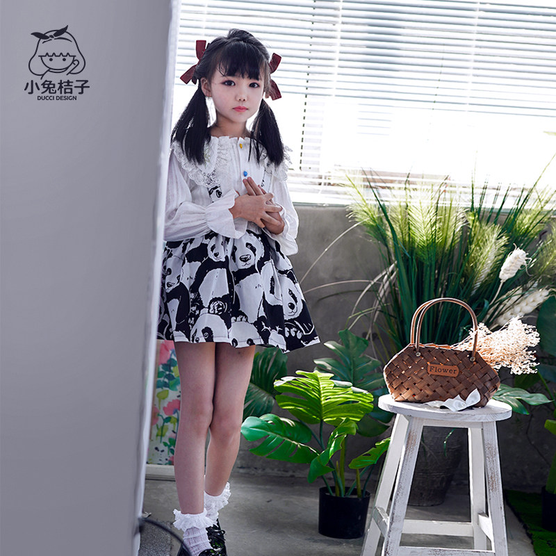 小兔桔子白色娃娃领衬衣黑白熊猫印花背带裙纯棉可选女童夏装春装