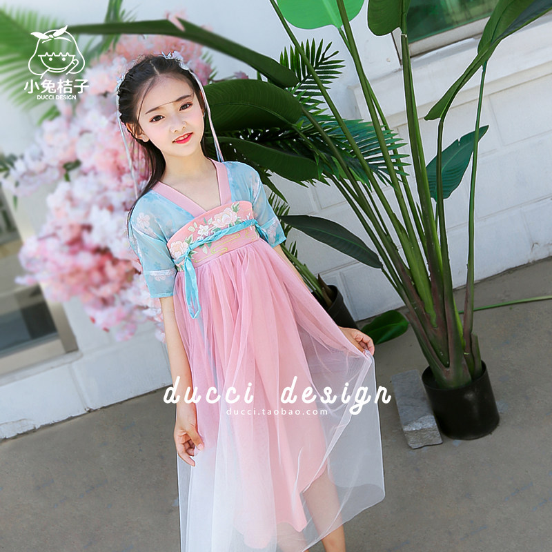 女童雪纺汉服裙夏季复古中国风懦裙绣花长裙中式古筝女童宝宝古风