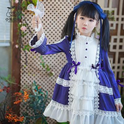 小兔桔子深蓝亮面白色蕾丝拼接洛丽塔公主风连衣裙女童春季裙子新