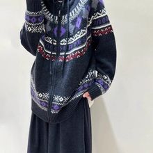 秋冬款连帽拉链复古羊毛开衫女欧货加厚提花羊绒针织毛衣外套