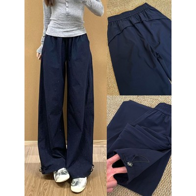 藏青色速干工装裤女夏季薄款2025新款小个子高腰显瘦阔腿运动裤