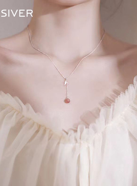 天然草莓晶项链女S925纯银鱼尾流苏锁骨链小众设计甜美少女心颈链