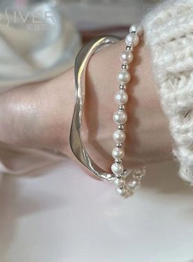 简约气质高级感双层珍珠手链女S925纯银弧形开口手镯2023年新款潮