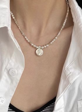 不规则碎银子珍珠项链女2024新款玫瑰花滴釉吊坠小众设计感锁骨链