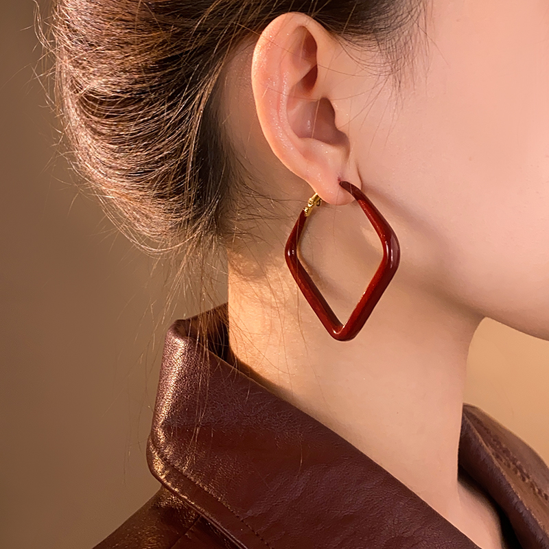 方菱形安可拉红色耳环2025新款爆