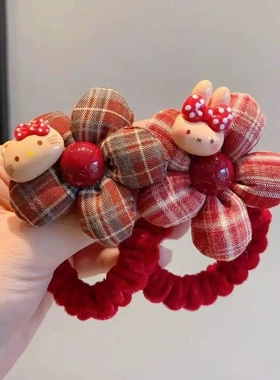 LZ【新款！格纹花朵】红色格纹花朵发圈儿童可爱卡通其它个护工具