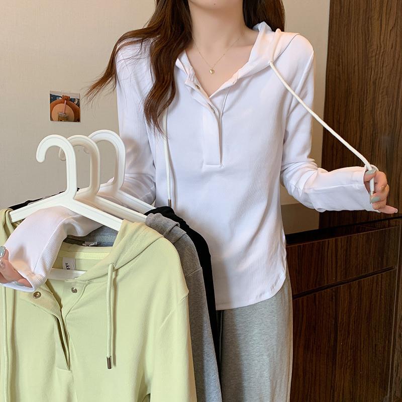 实拍 长袖t恤女薄款2025秋季新款潮打底衫修身纯色连帽上衣帽衫潮