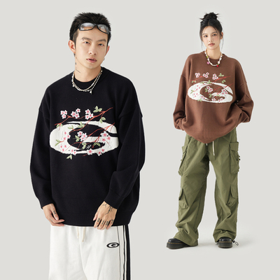 GOLFCROSS花卉logo提花毛衣冬季保暖圆领套头针织衫潮牌男女同款
