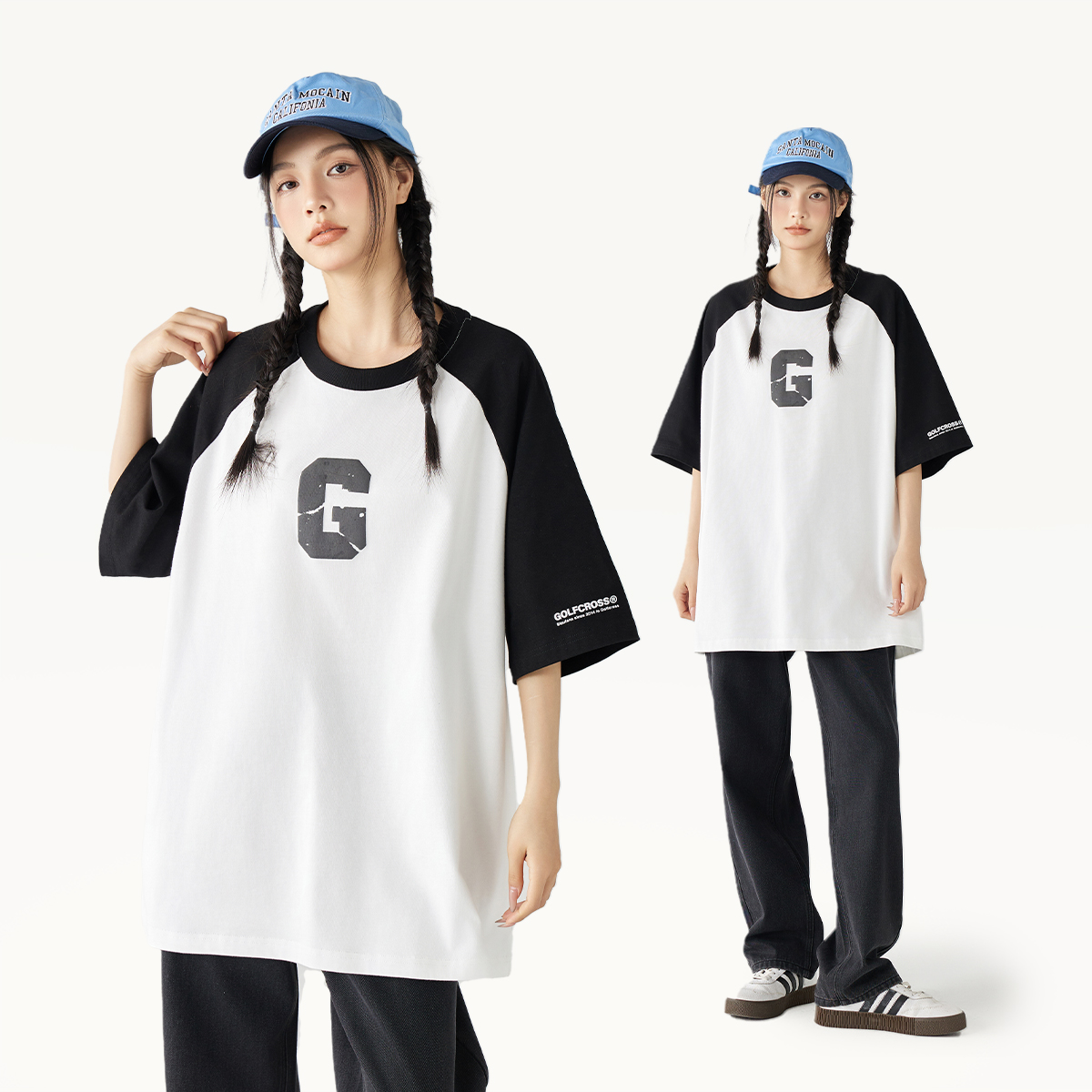 GOLFCROSS字母印花纯棉插肩袖T恤宽松夏季撞色拼接圆领短袖上衣