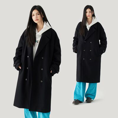 MPUX简约纯色双排扣中长款风衣冬季宽松休闲保暖毛呢大衣外套男女