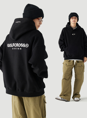GOLFCROSS黑色字母印花卫衣男女款情侣秋冬款套头连帽衫加绒加厚