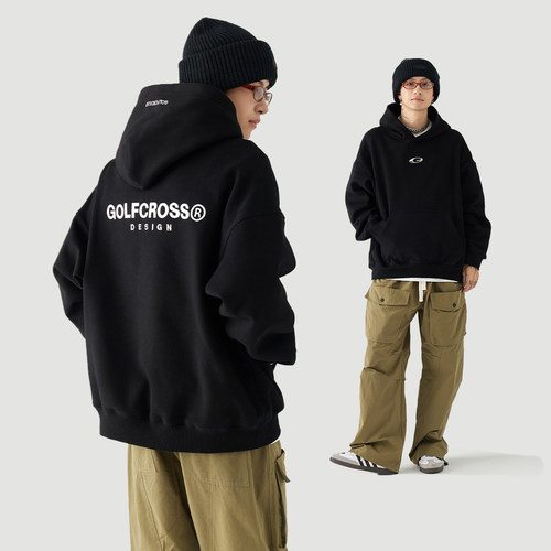 GOLFCROSS黑色字母印花卫衣男女款情侣秋冬款套头连帽衫加绒加厚