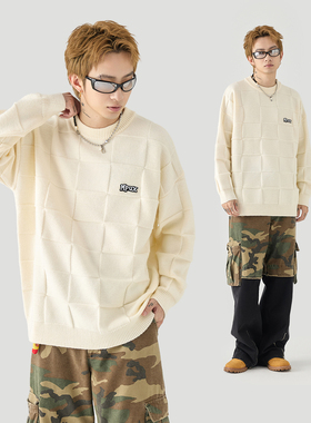 GOLFCROSS联名MPUX潮牌立体格子圆领毛衣冬季保暖套头情侣针织衫