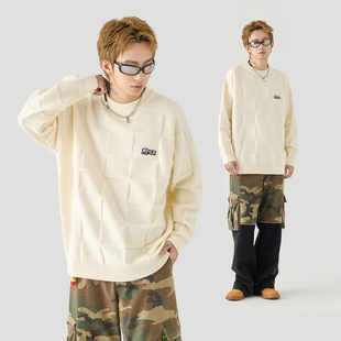 GOLFCROSS联名MPUX潮牌立体格子圆领毛衣冬季保暖套头情侣针织衫