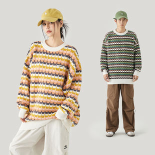 MPUX撞色条纹编织休闲宽松软糯保暖舒适套头圆领毛衣针织衫情侣款