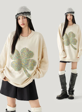 MPUX植物花卉四叶草彩色提花宽松软糯圆领套头休闲毛衣针织衫男女