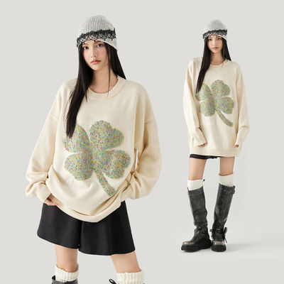 MPUX植物花卉四叶草彩色提花宽松软糯圆领套头休闲毛衣针织衫男女