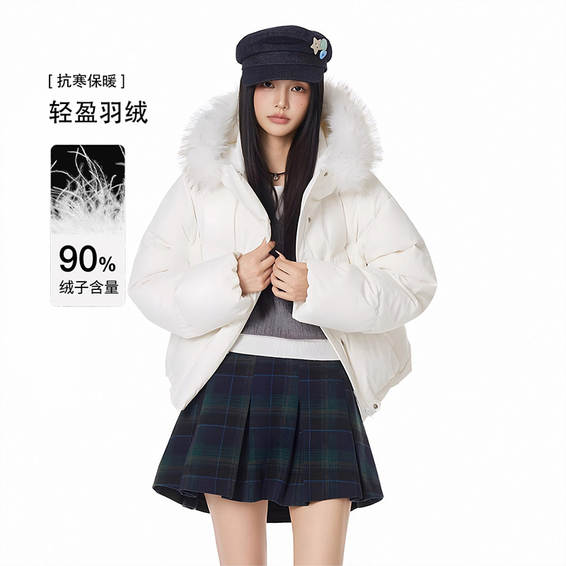GOLFCROSS大毛领短款羽绒服女冬季新款90白鸭绒休闲宽松保暖外套