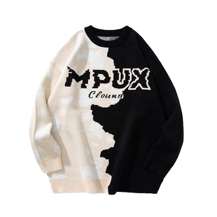 MPUX联名拼色字母提花圆领休闲毛衣秋冬撞色不规则图案宽松上衣