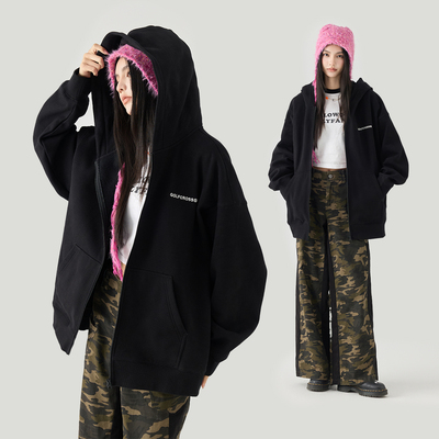 GOLFCROSS美式字母刺绣连帽卫衣男女款秋季新款宽松休闲拉链开衫