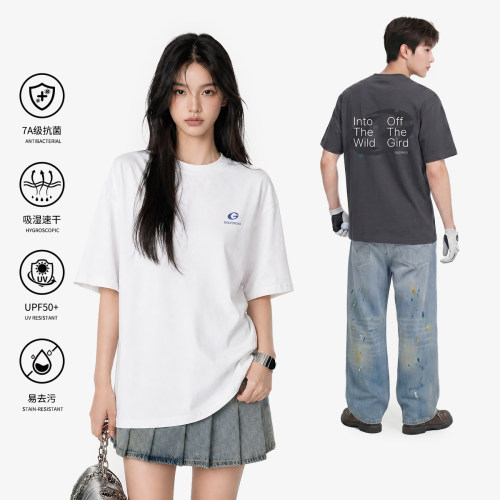 GOLFCROSS男女同款宽松情侣圆领简约字母印花美式重磅短袖T恤