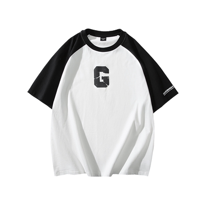 GOLFCROSS字母印花纯棉插肩袖T恤宽松夏季撞色拼接圆领短袖上衣