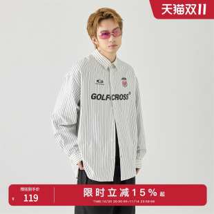 明星同款 男女同款 美式 衬衫 字母印花宽松衬衣 复古徽章条纹长袖