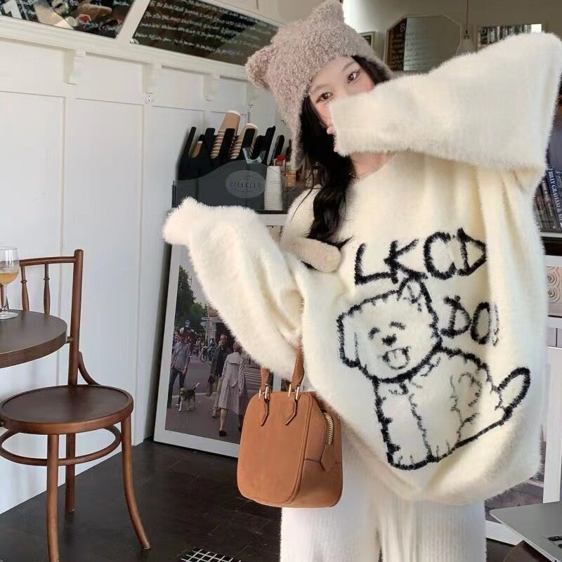 秋冬2024新款宽松显瘦百搭针织开衫甜美奶呼呼仿貂毛提花毛衣女潮