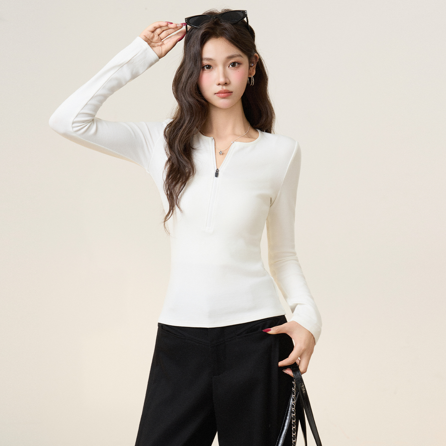 实拍实价美式辣妹纯色半拉链长袖T恤女秋季收腰显瘦打底内搭上衣