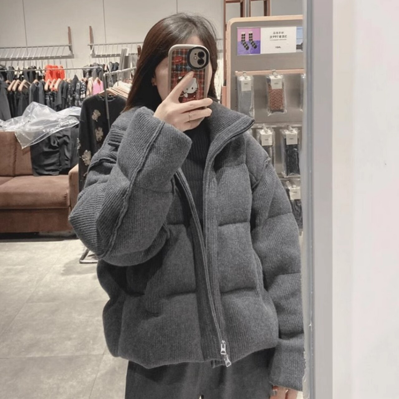 新款灰色立领棉服女秋冬外套超好看短款棉袄高腰阔腿裤套