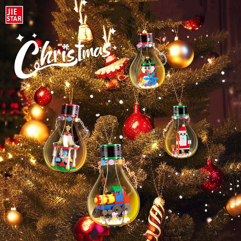 杰星中国积木圣诞老人小颗粒拼装模型圣诞火车站儿童益智玩具礼物