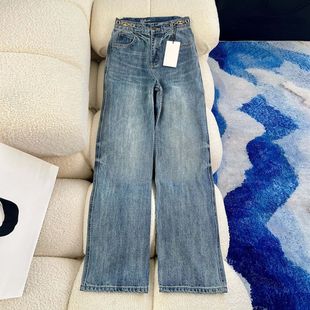 南油2025新款 高腰复古水洗凯旋门金属链条宽松直筒显瘦百搭牛仔裤