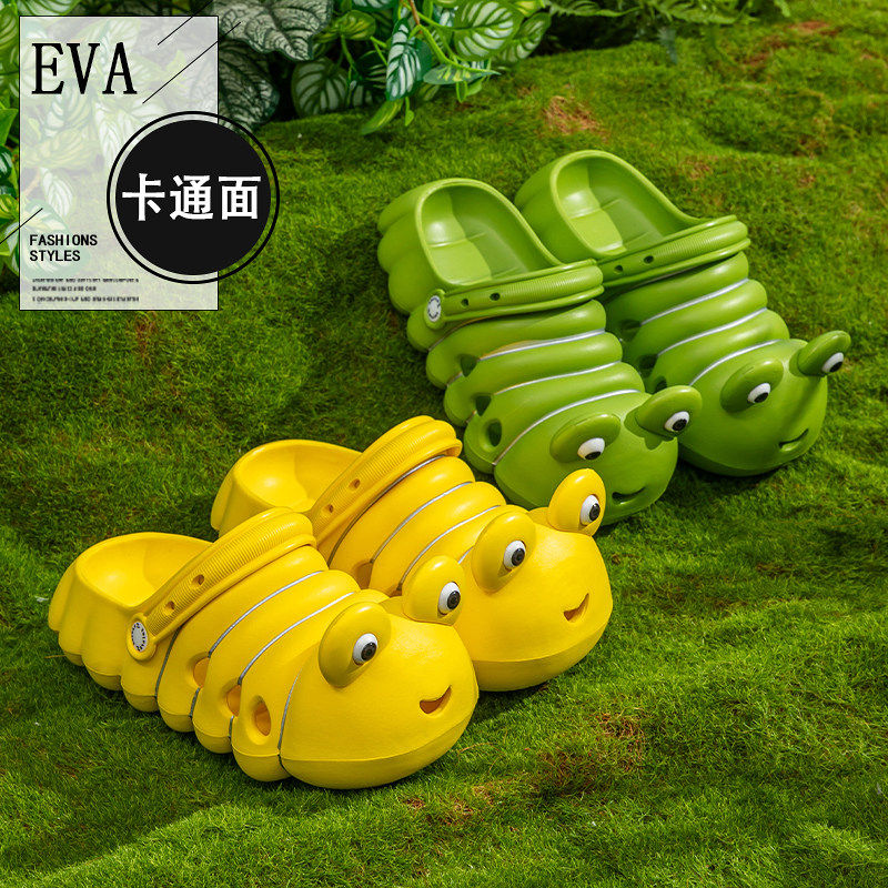可爱毛毛虫洞洞鞋女居家防滑厚底包头凉拖休闲网红户外亲子拖鞋女 - 实物图