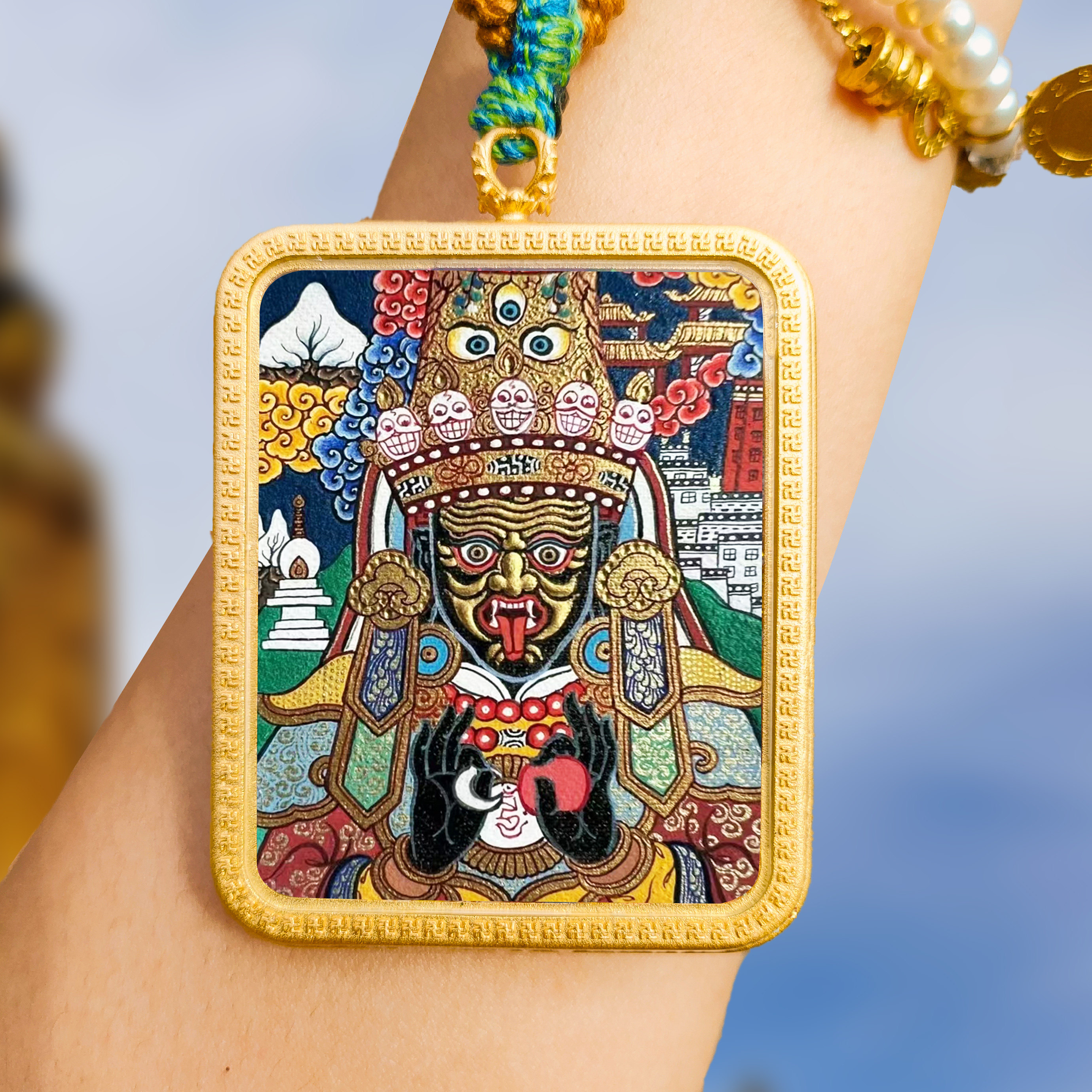 西藏热贡大黑天龙五爷嘎乌盒绿度母文殊药师纯手绘可做双面唐卡