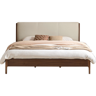 林氏家居复古胡桃木色实木脚大床1米5家用软包床双人床政府补贴