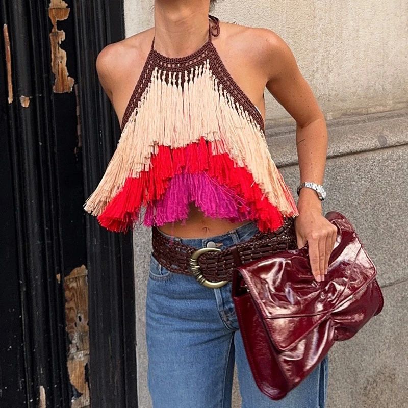 女士流苏吊带修身欧美风背心上衣European Tassel Slim Camisole