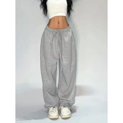 美式复古松紧腰灰色阔腿卫裤